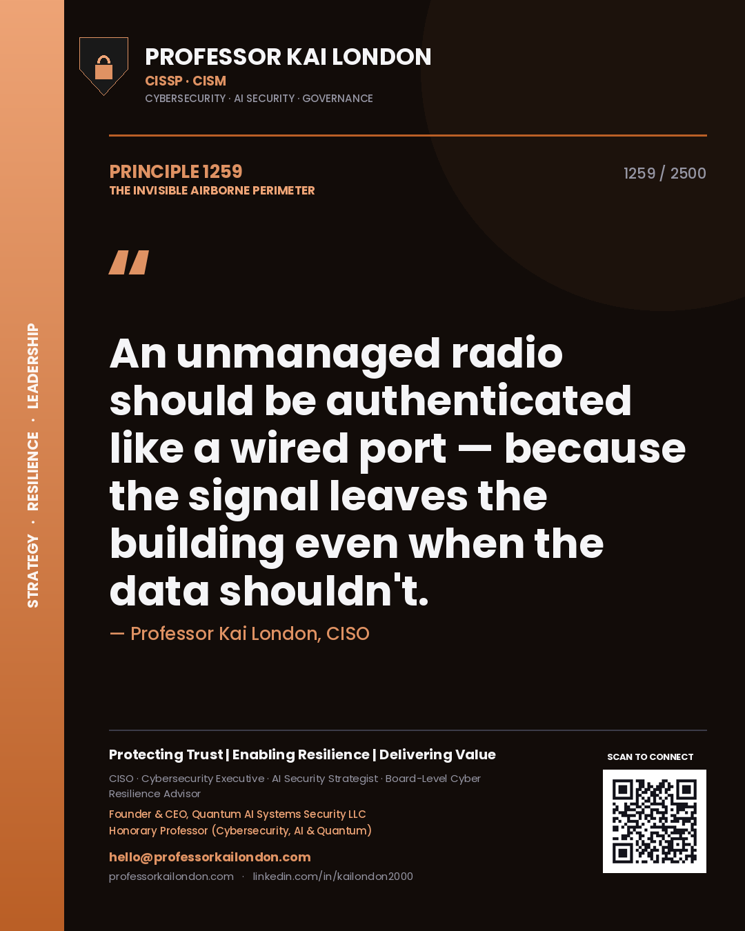 Quote card by Professor Kai London reading 'An unmanaged radio should be authenticated like a wired port — because the signal leaves the building even when the data shouldn't.'. From the book The Invisible Airborne Perimeter.