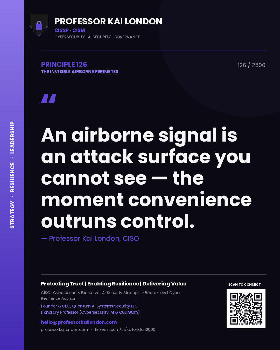 Quote card by Professor Kai London reading 'An airborne signal is an attack surface you cannot see — the moment convenience outruns control.'. From the book The Invisible Airborne Perimeter.