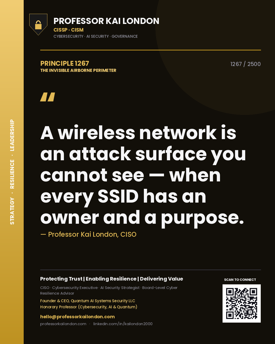 Professor Kai London principle 1267: A wireless network is an attack surface you cannot see — when every SSID has an owner and a purpose.