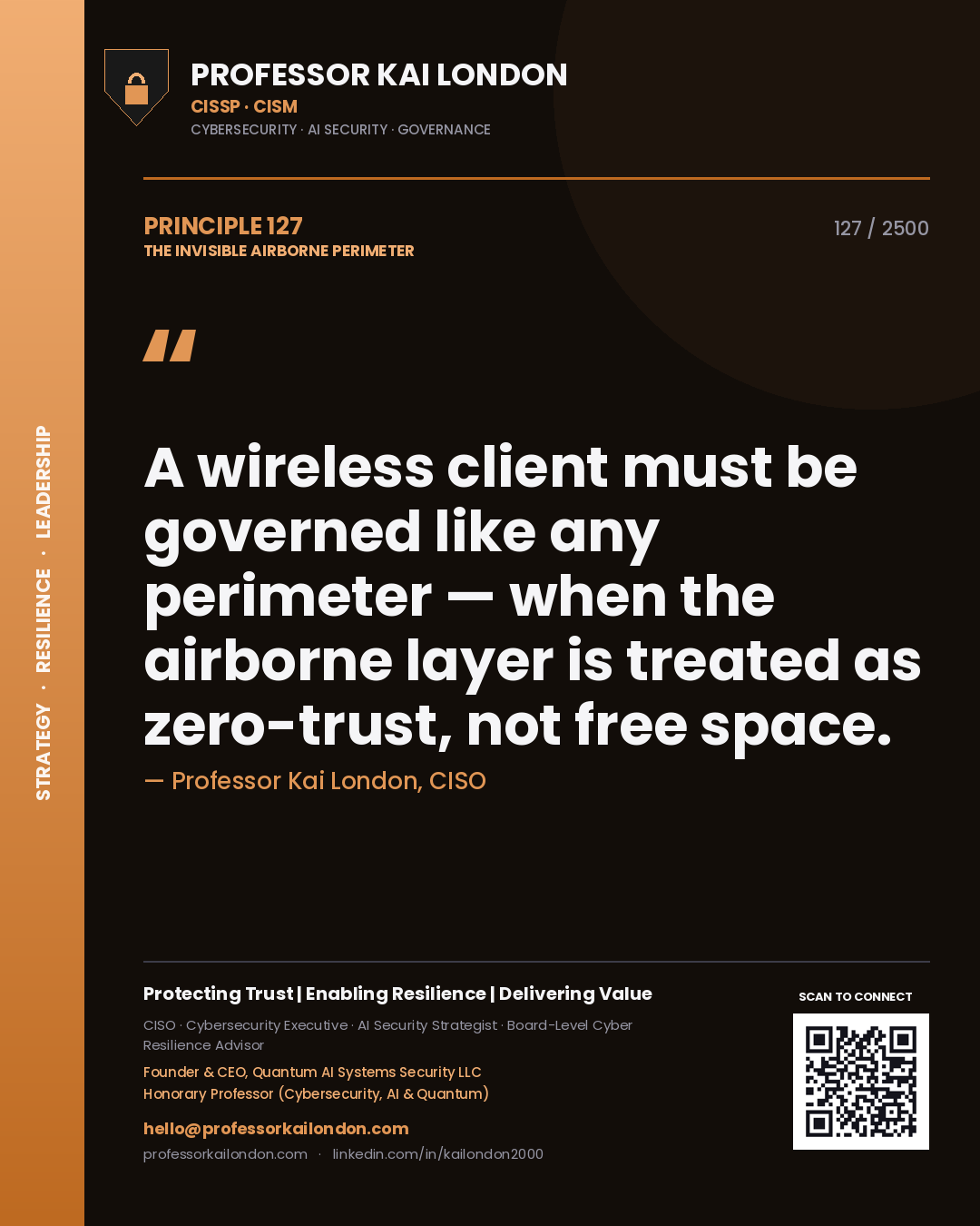 Quote card by Professor Kai London reading 'A wireless client must be governed like any perimeter — when the airborne layer is treated as zero-trust, not free space.'. From the book The Invisible Airborne Perimeter.