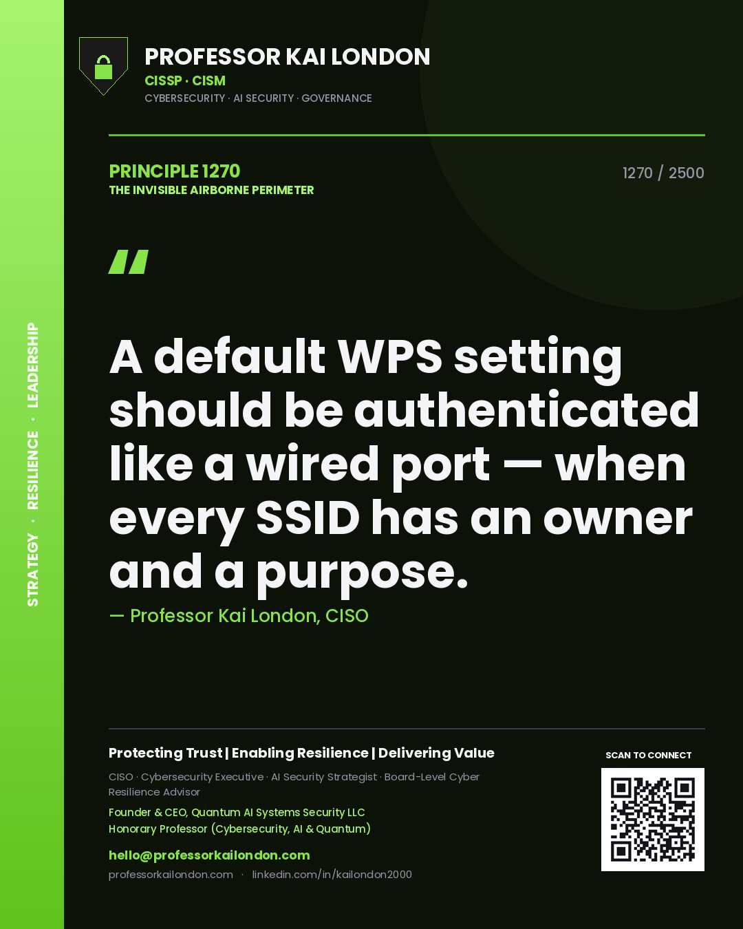 Quote card by Professor Kai London reading 'A default WPS setting should be authenticated like a wired port — when every SSID has an owner and a purpose.'. From the book The Invisible Airborne Perimeter.