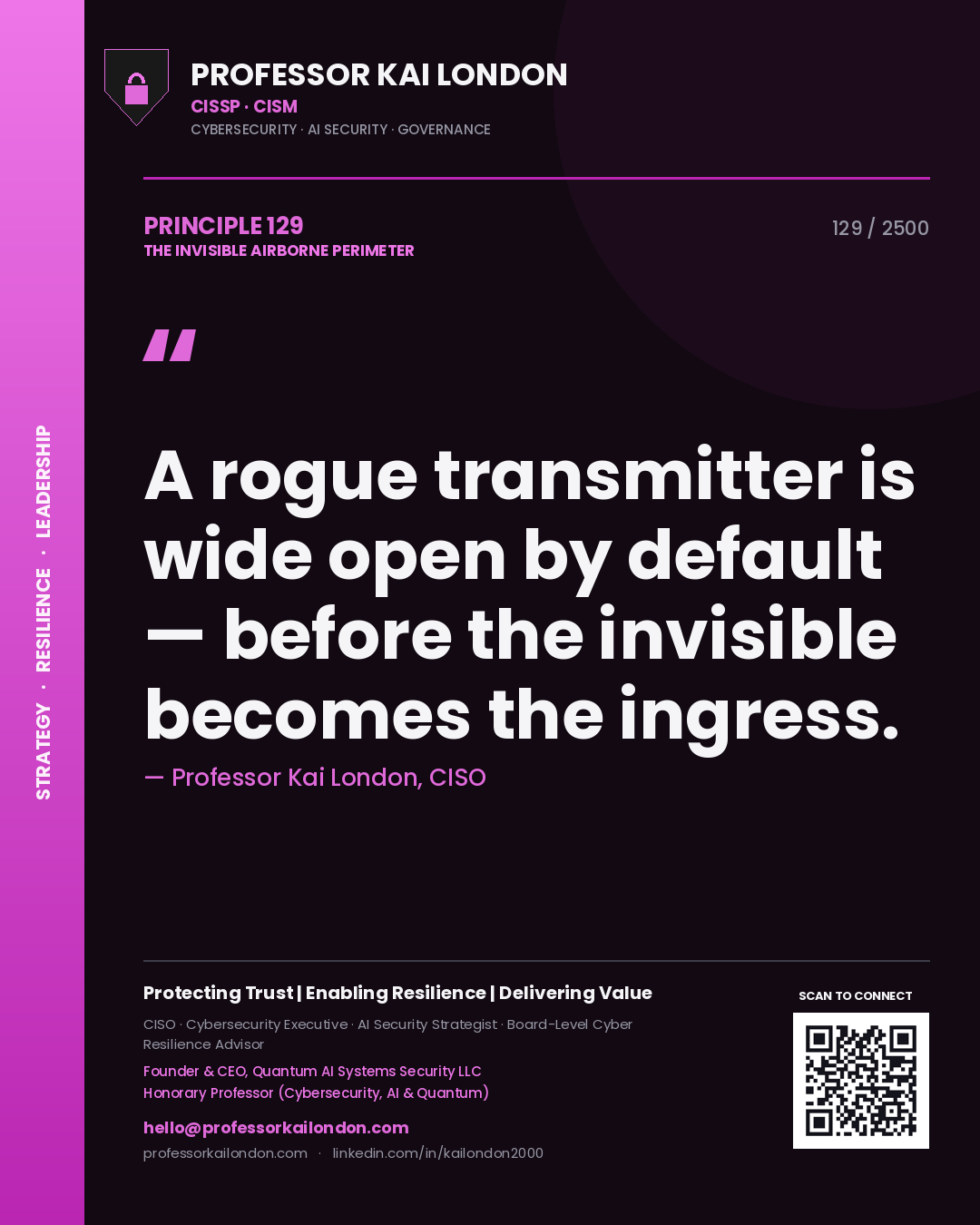 Professor Kai London principle 129: A rogue transmitter is wide open by default — before the invisible becomes the ingress.