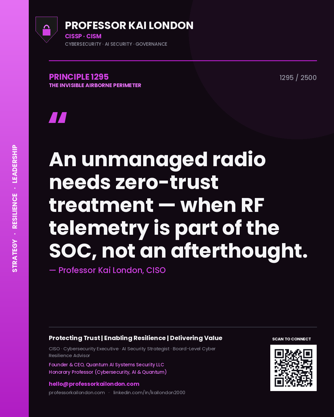 Quote card by Professor Kai London reading 'An unmanaged radio needs zero-trust treatment — when RF telemetry is part of the SOC, not an afterthought.'. From the book The Invisible Airborne Perimeter.