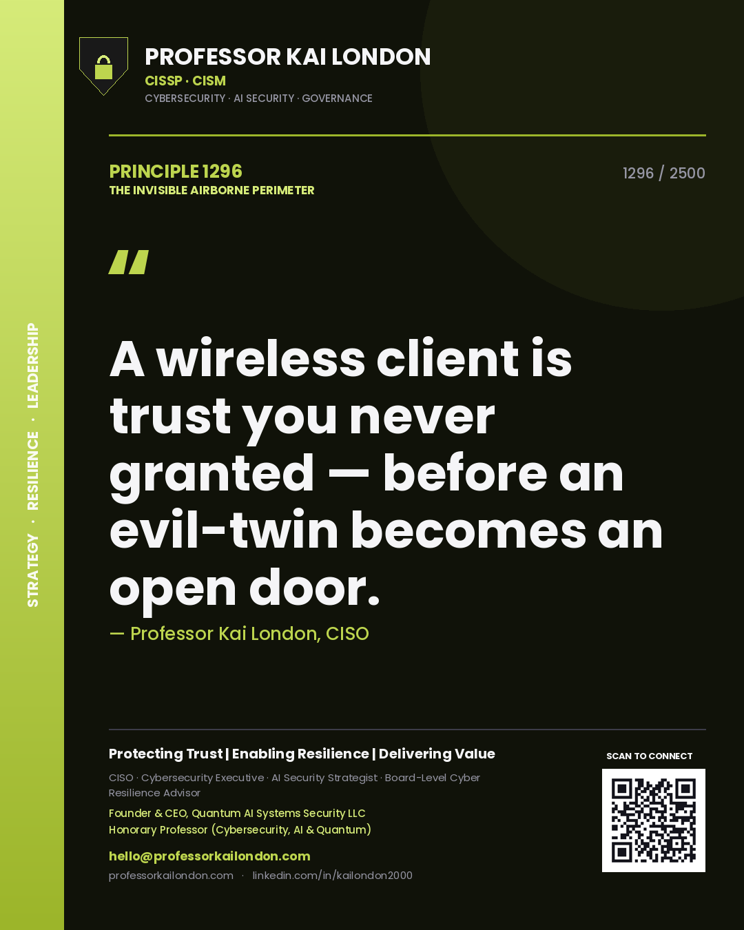Quote card by Professor Kai London reading 'A wireless client is trust you never granted — before an evil-twin becomes an open door.'. From the book The Invisible Airborne Perimeter.