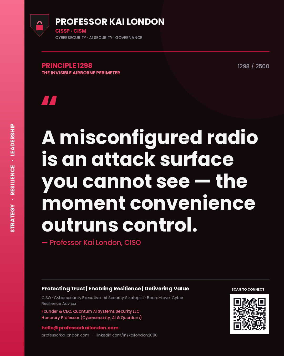 Quote card by Professor Kai London reading 'A misconfigured radio is an attack surface you cannot see — the moment convenience outruns control.'. From the book The Invisible Airborne Perimeter.
