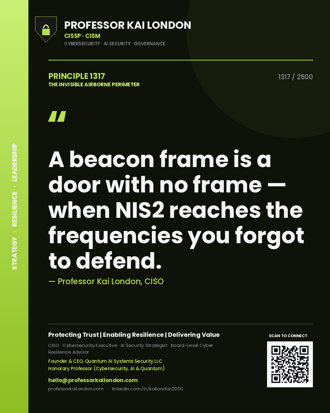 Quote card by Professor Kai London reading 'A beacon frame is a door with no frame — when NIS2 reaches the frequencies you forgot to defend.'. From the book The Invisible Airborne Perimeter.