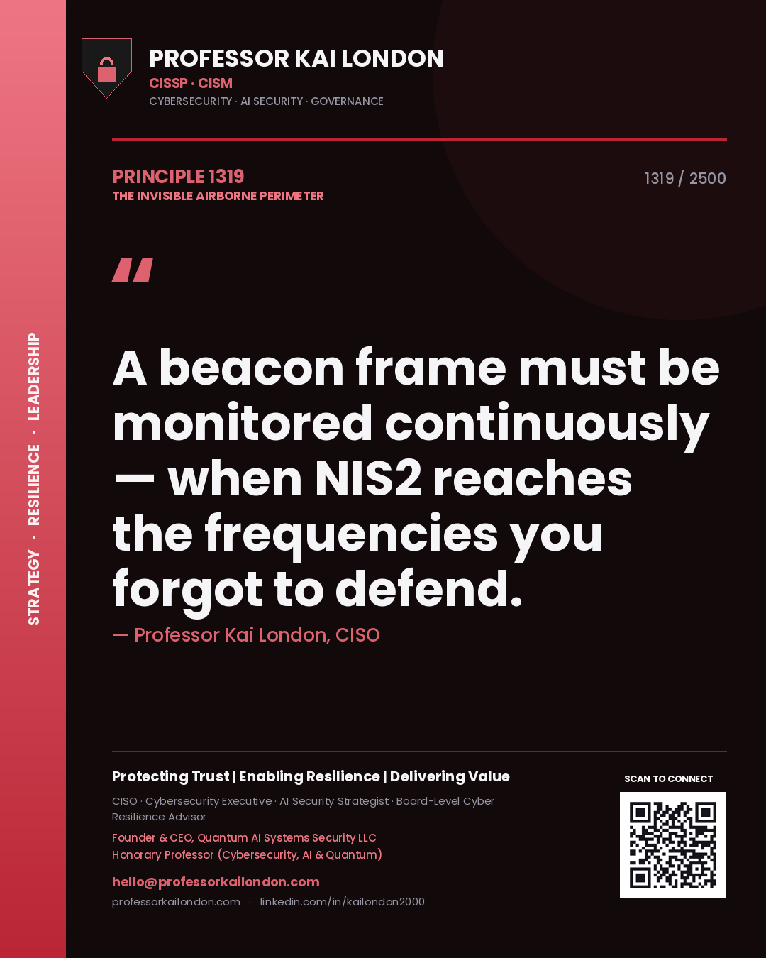 Professor Kai London principle 1319: A beacon frame must be monitored continuously — when NIS2 reaches the frequencies you forgot to defend.