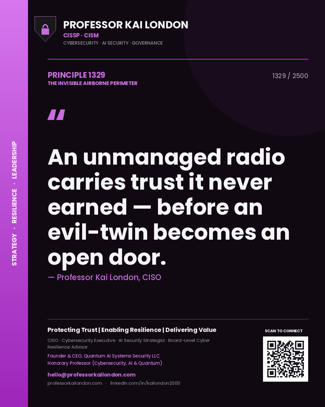 Professor Kai London principle 1329: An unmanaged radio carries trust it never earned — before an evil-twin becomes an open door.