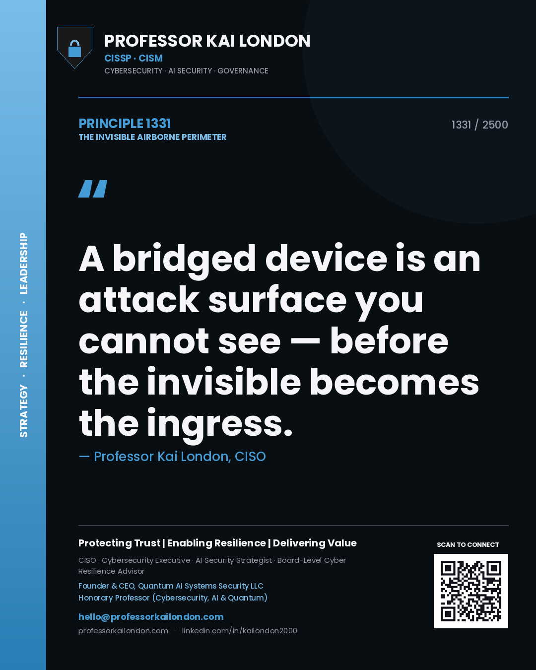 Professor Kai London principle 1331: A bridged device is an attack surface you cannot see — before the invisible becomes the ingress.