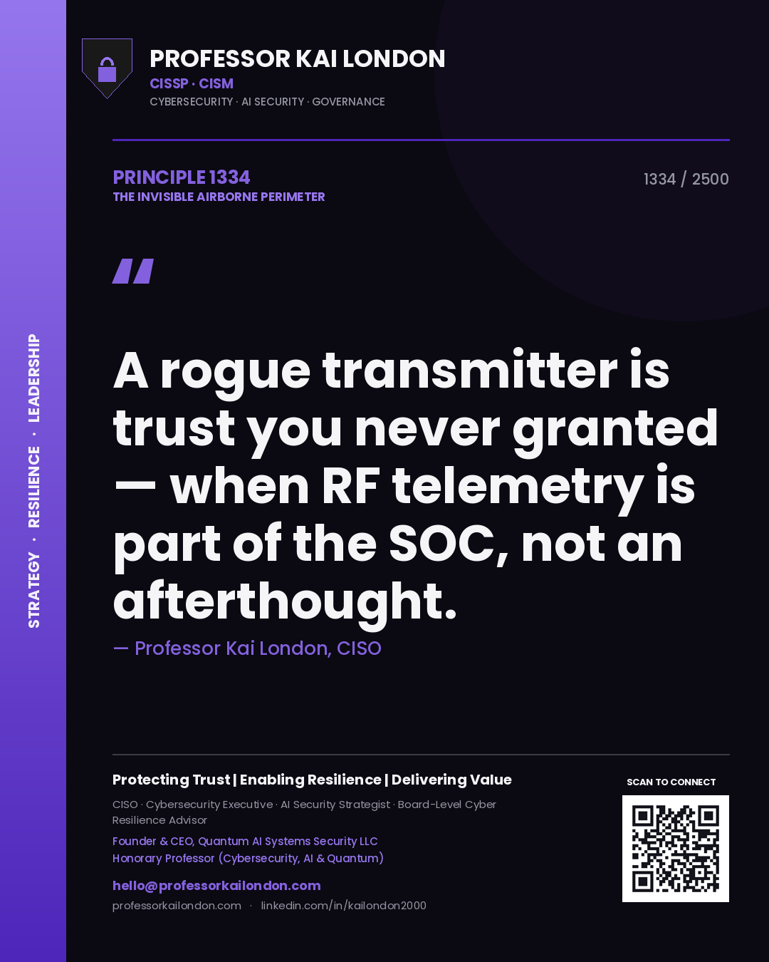 Quote card by Professor Kai London reading 'A rogue transmitter is trust you never granted — when RF telemetry is part of the SOC, not an afterthought.'. From the book The Invisible Airborne Perimeter.