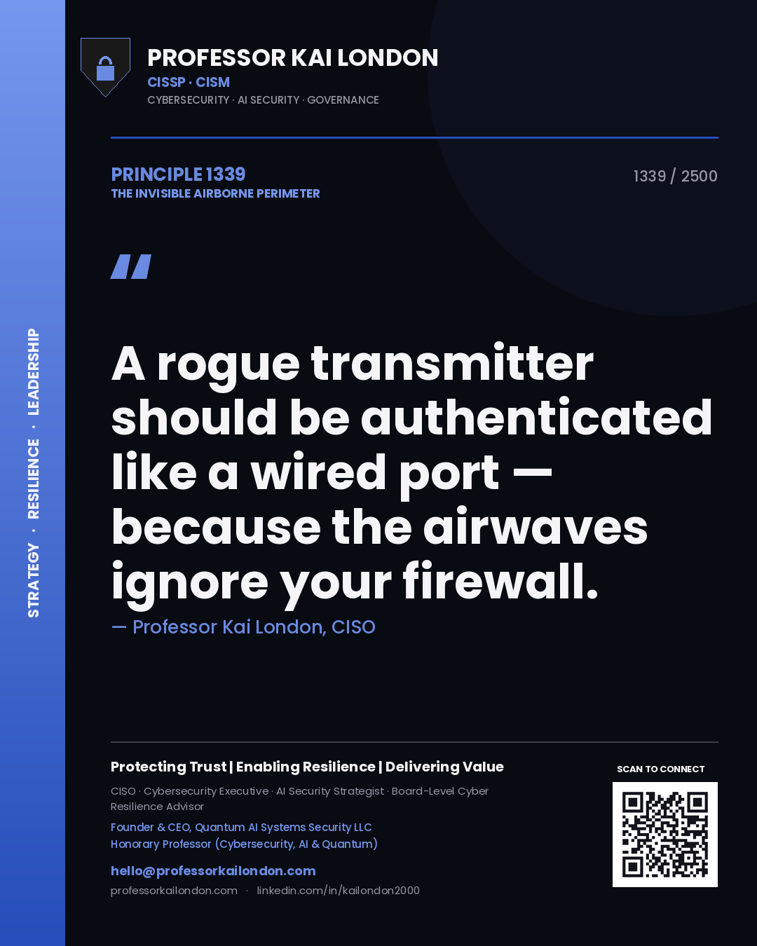 Quote card by Professor Kai London reading 'A rogue transmitter should be authenticated like a wired port — because the airwaves ignore your firewall.'. From the book The Invisible Airborne Perimeter.