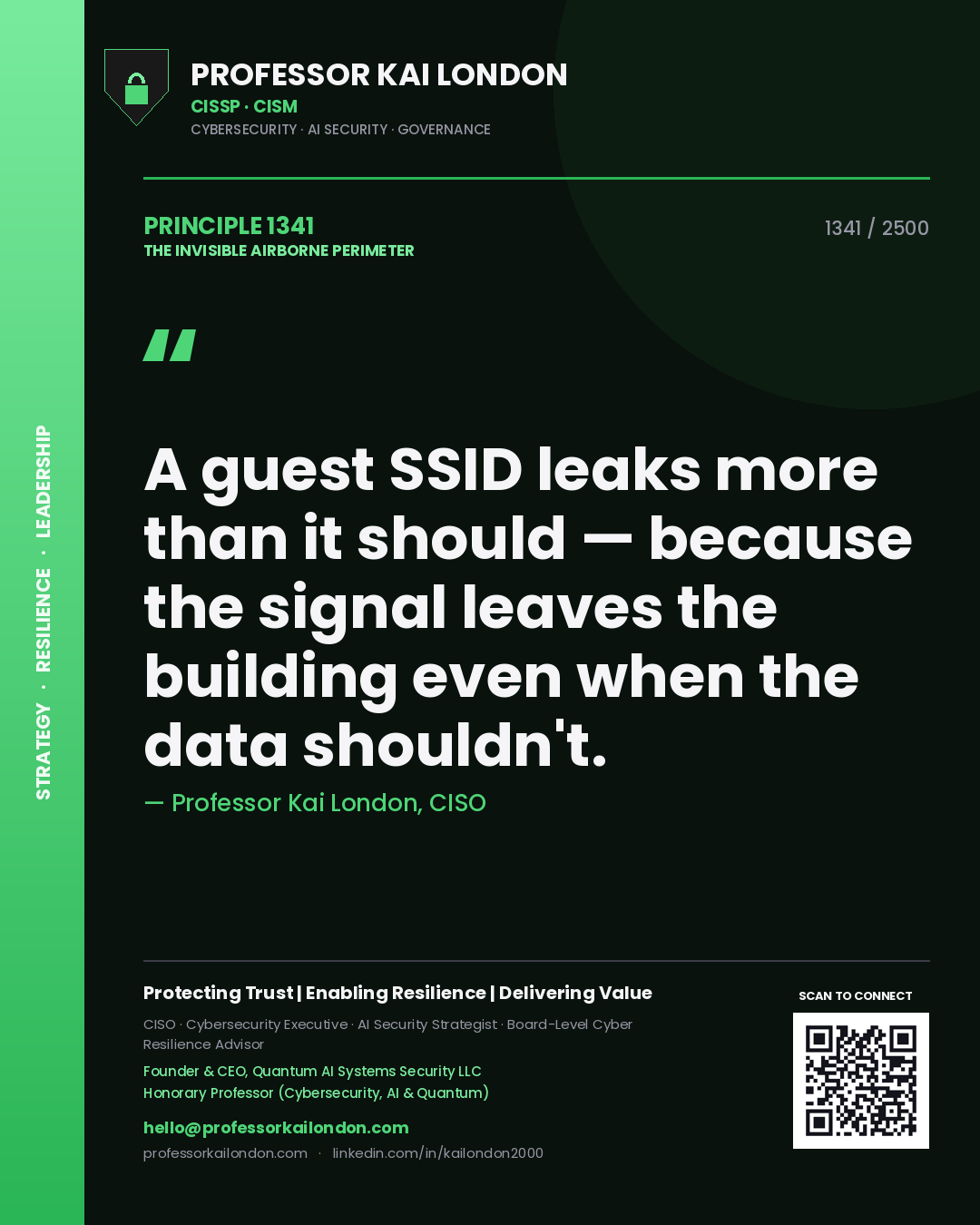 Quote card by Professor Kai London reading 'A guest SSID leaks more than it should — because the signal leaves the building even when the data shouldn't.'. From the book The Invisible Airborne Perimeter.