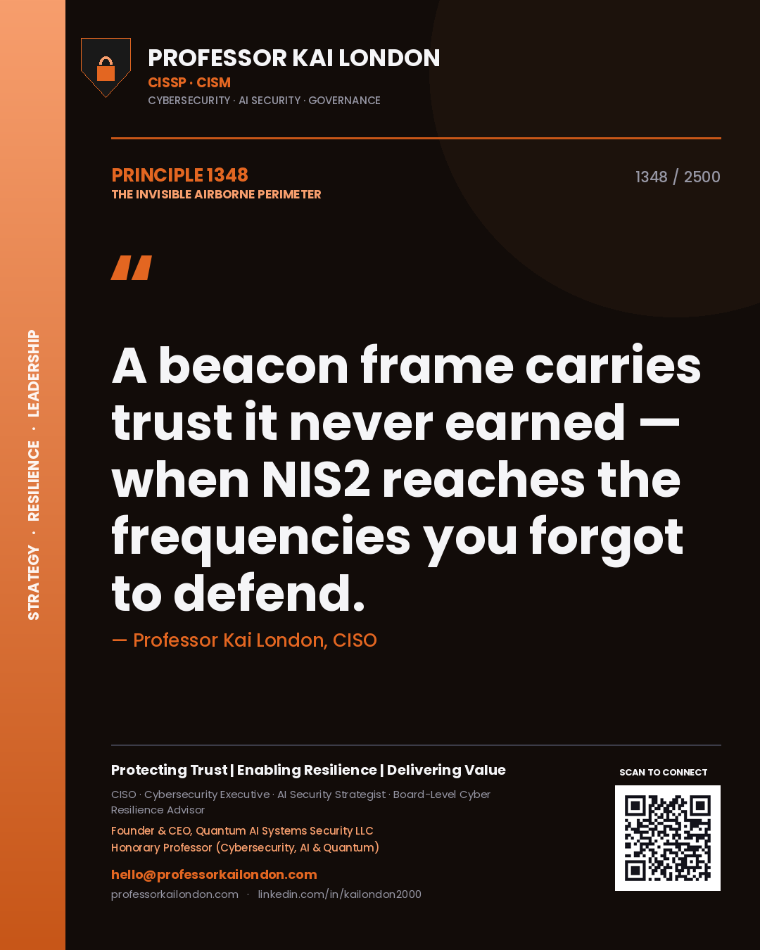 Professor Kai London principle 1348: A beacon frame carries trust it never earned — when NIS2 reaches the frequencies you forgot to defend.