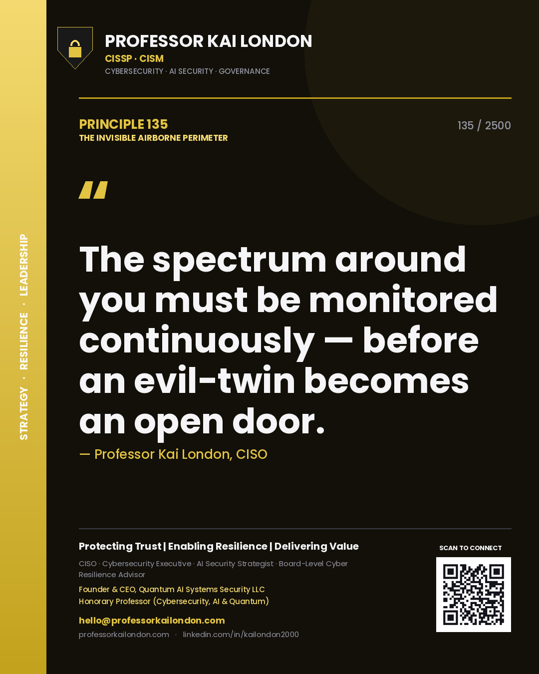 Quote card by Professor Kai London reading 'The spectrum around you must be monitored continuously — before an evil-twin becomes an open door.'. From the book The Invisible Airborne Perimeter.