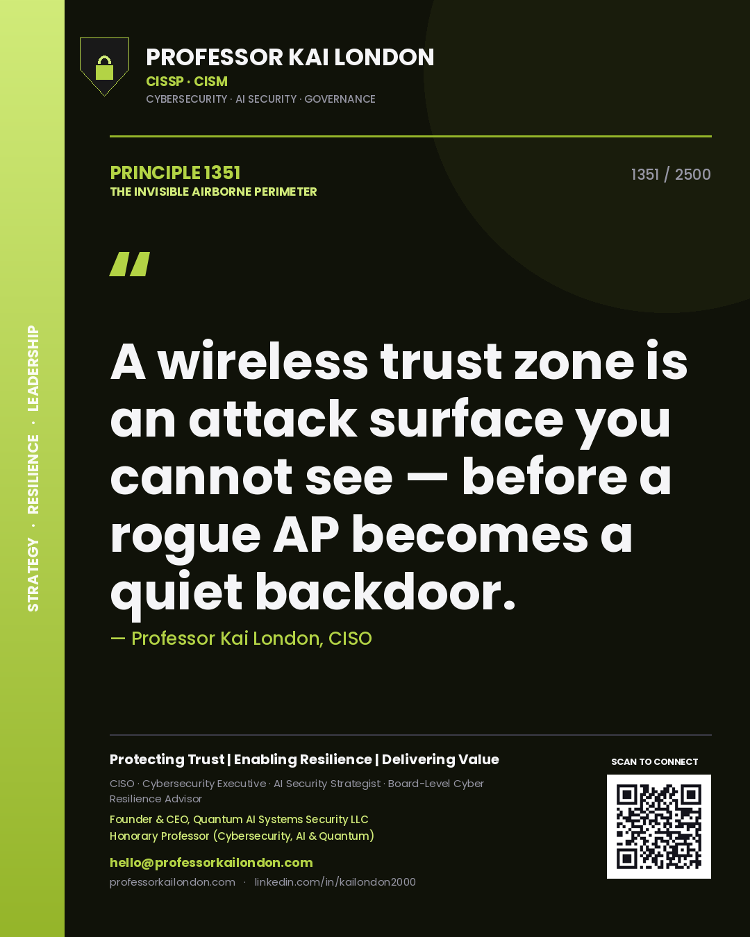 Professor Kai London principle 1351: A wireless trust zone is an attack surface you cannot see — before a rogue AP becomes a quiet backdoor.
