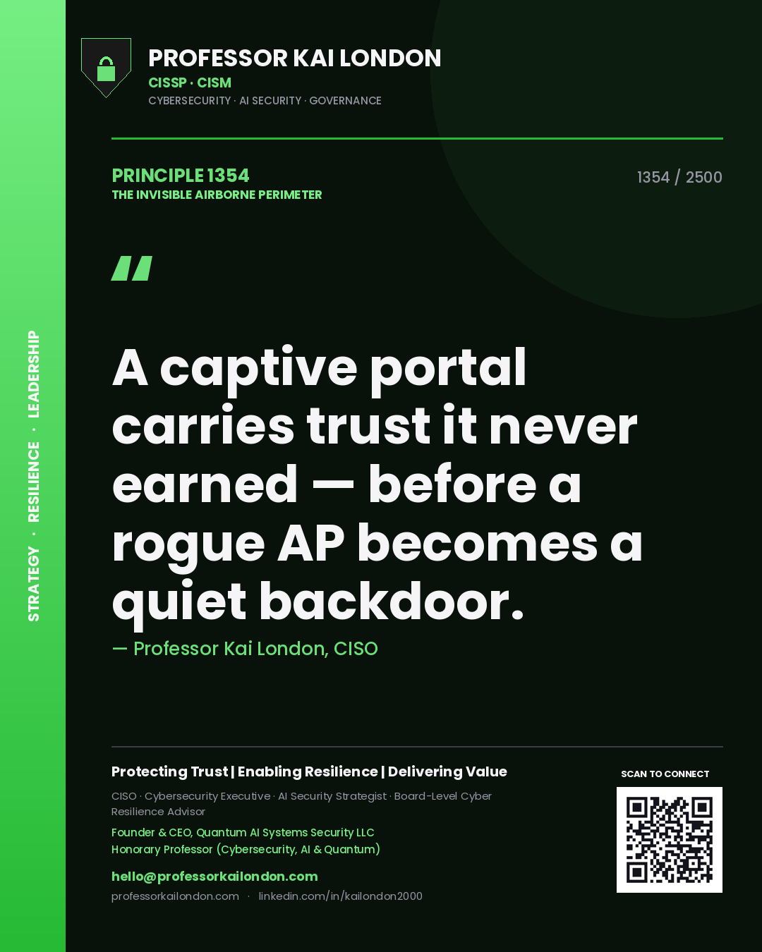 Quote card by Professor Kai London reading 'A captive portal carries trust it never earned — before a rogue AP becomes a quiet backdoor.'. From the book The Invisible Airborne Perimeter.