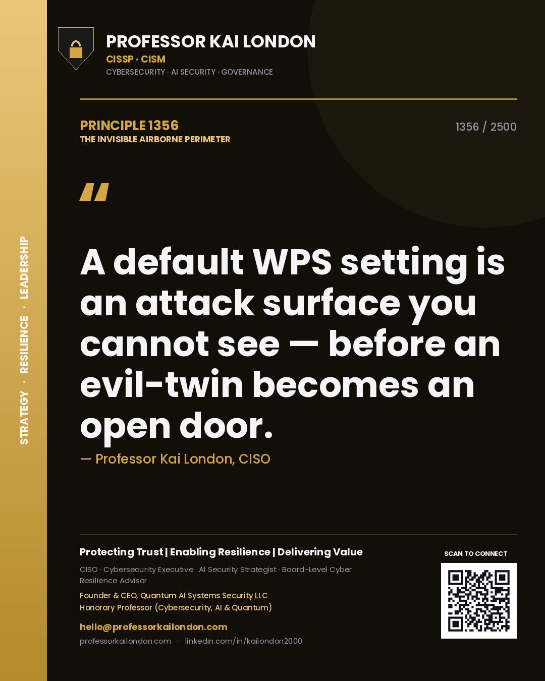 Quote card by Professor Kai London reading 'A default WPS setting is an attack surface you cannot see — before an evil-twin becomes an open door.'. From the book The Invisible Airborne Perimeter.