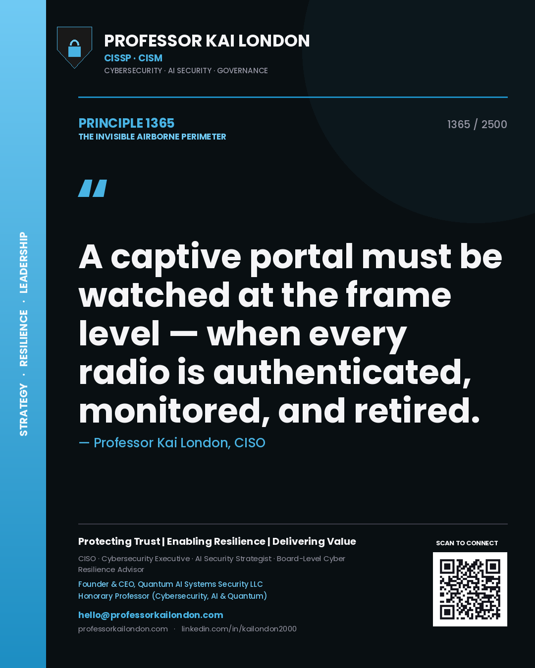 Quote card by Professor Kai London reading 'A captive portal must be watched at the frame level — when every radio is authenticated, monitored, and retired.'. From the book The Invisible Airborne Perimeter.