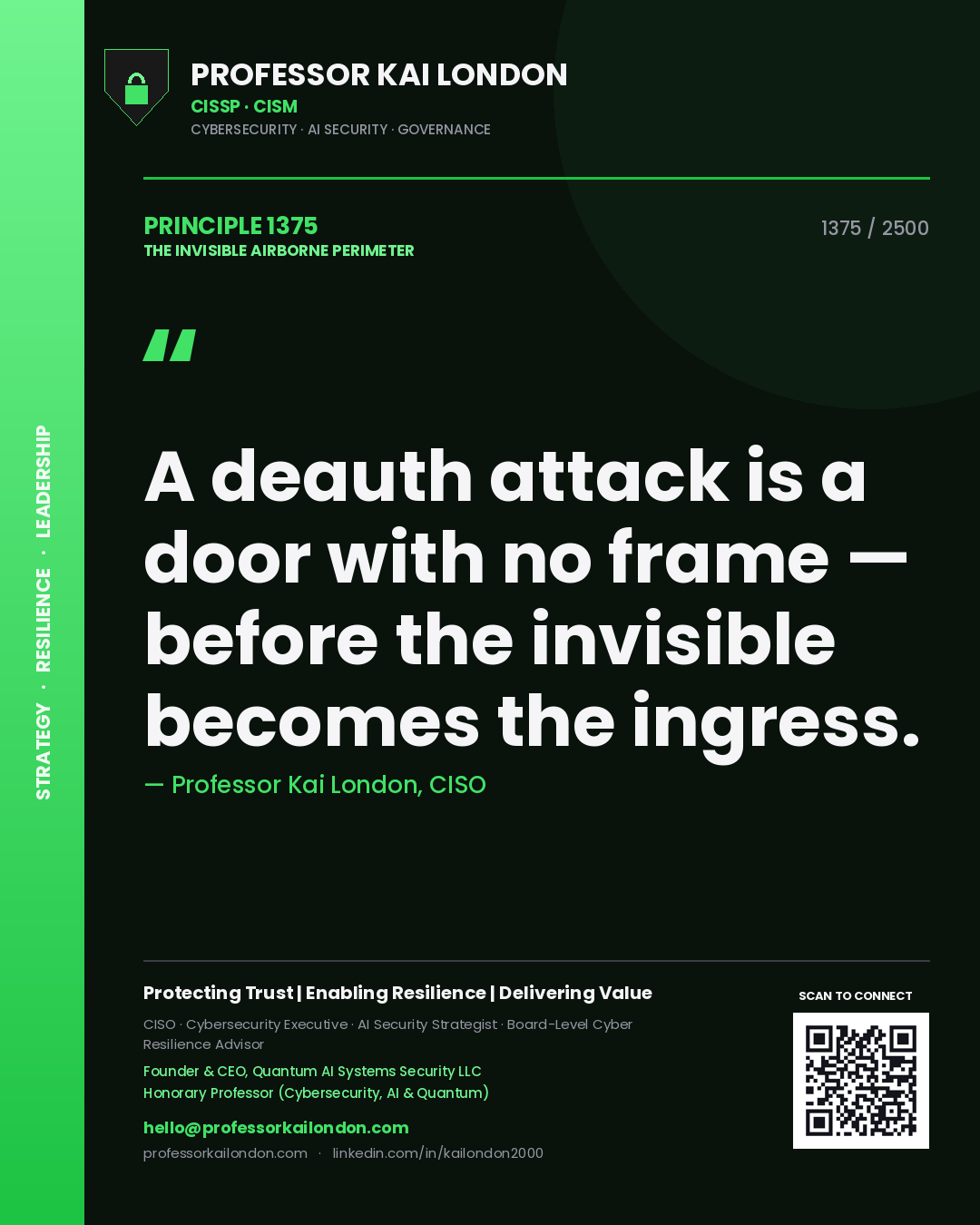 Quote card by Professor Kai London reading 'A deauth attack is a door with no frame — before the invisible becomes the ingress.'. From the book The Invisible Airborne Perimeter.