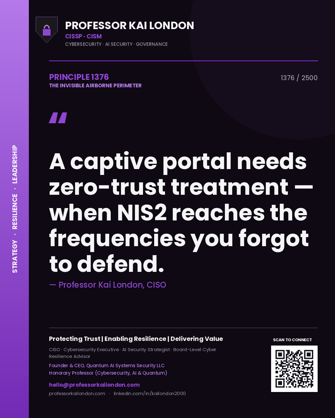 Quote card by Professor Kai London reading 'A captive portal needs zero-trust treatment — when NIS2 reaches the frequencies you forgot to defend.'. From the book The Invisible Airborne Perimeter.