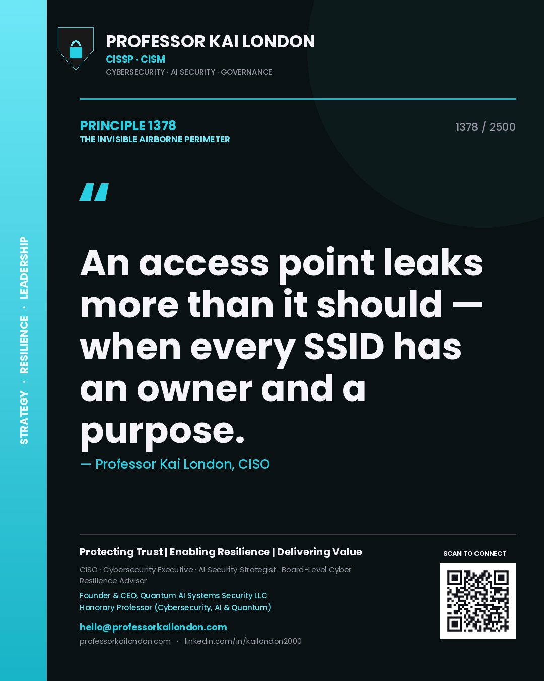 Quote card by Professor Kai London reading 'An access point leaks more than it should — when every SSID has an owner and a purpose.'. From the book The Invisible Airborne Perimeter.