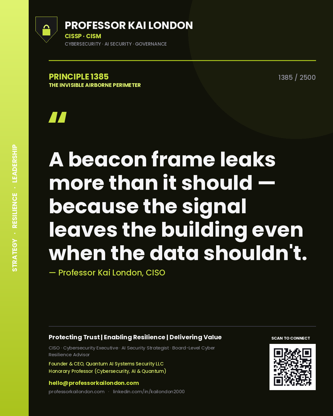 Professor Kai London principle 1385: A beacon frame leaks more than it should — because the signal leaves the building even when the data shouldn't.