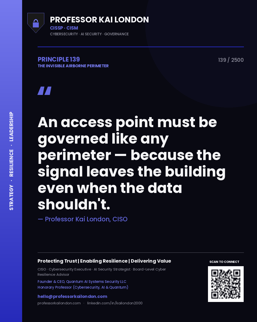 Quote card by Professor Kai London reading 'An access point must be governed like any perimeter — because the signal leaves the building even when the data shouldn't.'. From the book The Invisible Airborne Perimeter.