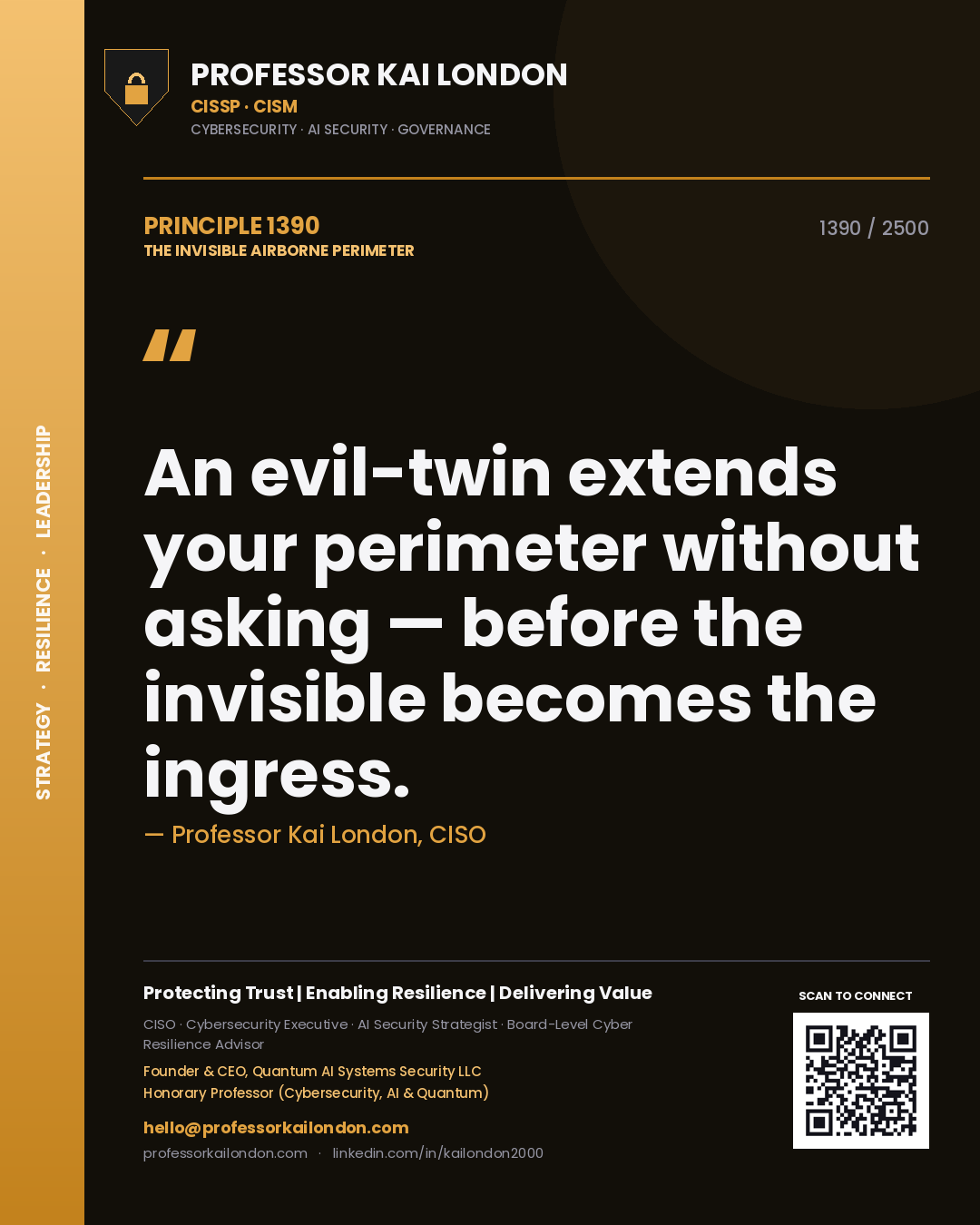Professor Kai London principle 1390: An evil-twin extends your perimeter without asking — before the invisible becomes the ingress.
