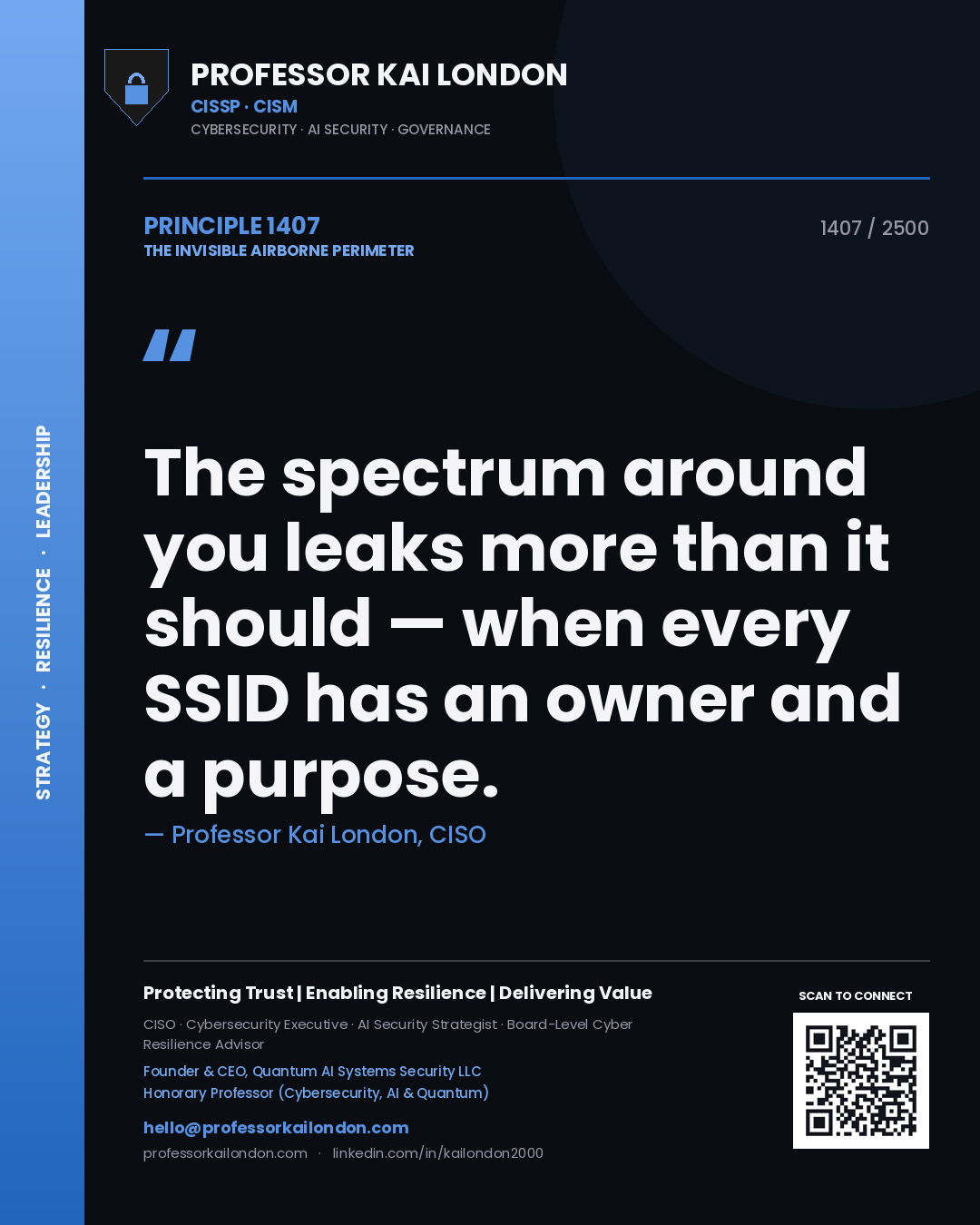 Quote card by Professor Kai London reading 'The spectrum around you leaks more than it should — when every SSID has an owner and a purpose.'. From the book The Invisible Airborne Perimeter.
