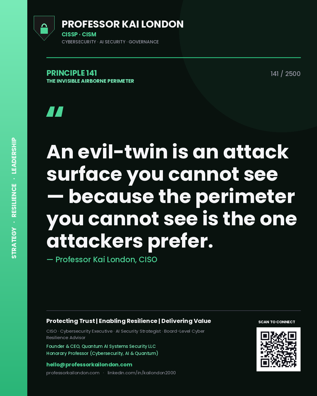 Professor Kai London principle 141: An evil-twin is an attack surface you cannot see — because the perimeter you cannot see is the one attackers prefer.