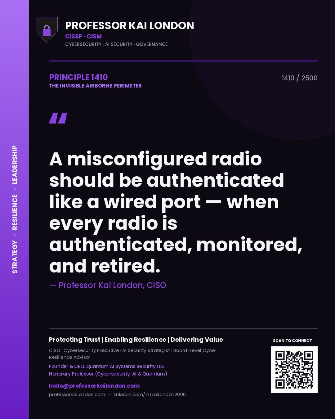 Quote card by Professor Kai London reading 'A misconfigured radio should be authenticated like a wired port — when every radio is authenticated, monitored, and retired.'. From the book The Invisible Airborne Perimeter.