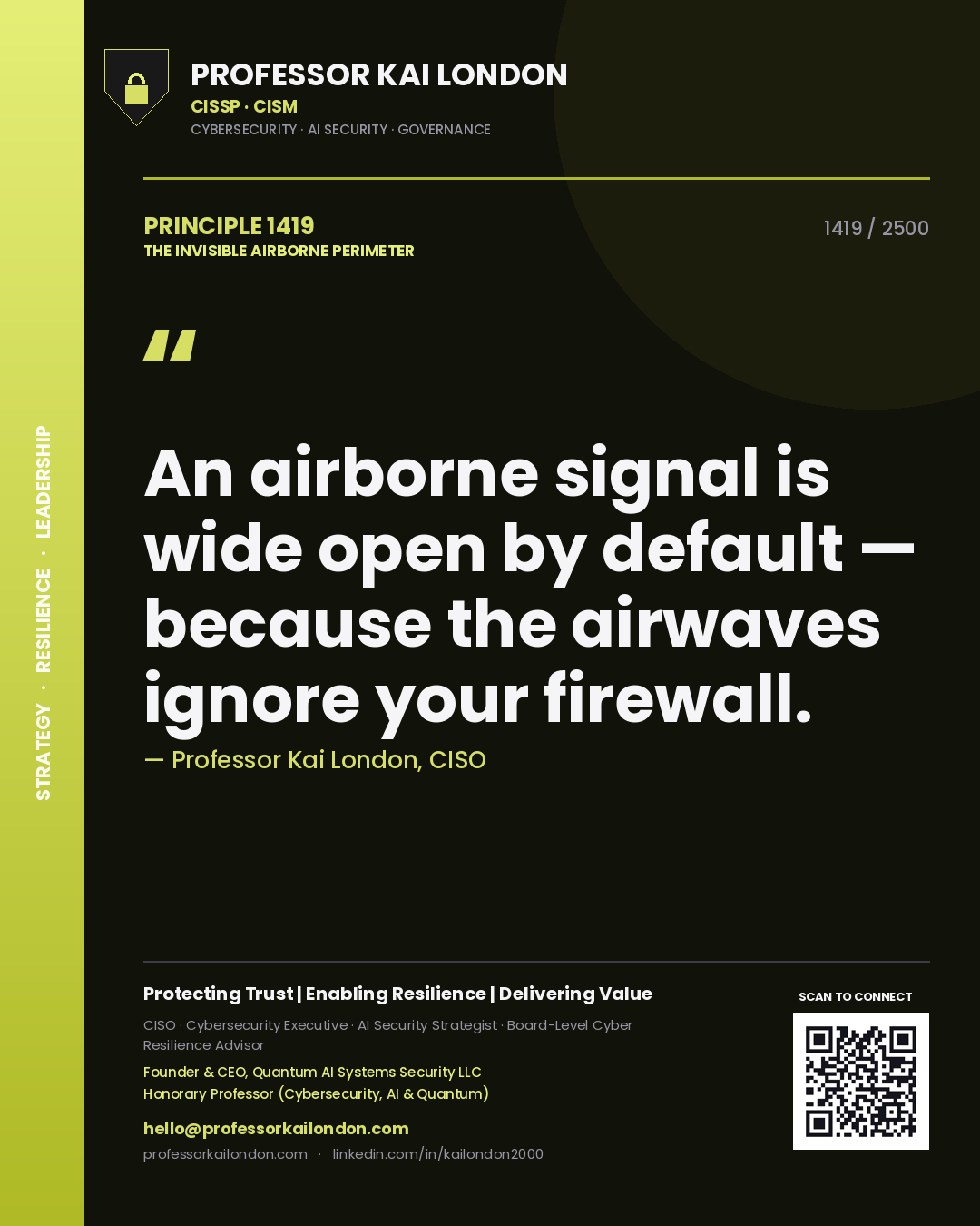 Quote card by Professor Kai London reading 'An airborne signal is wide open by default — because the airwaves ignore your firewall.'. From the book The Invisible Airborne Perimeter.