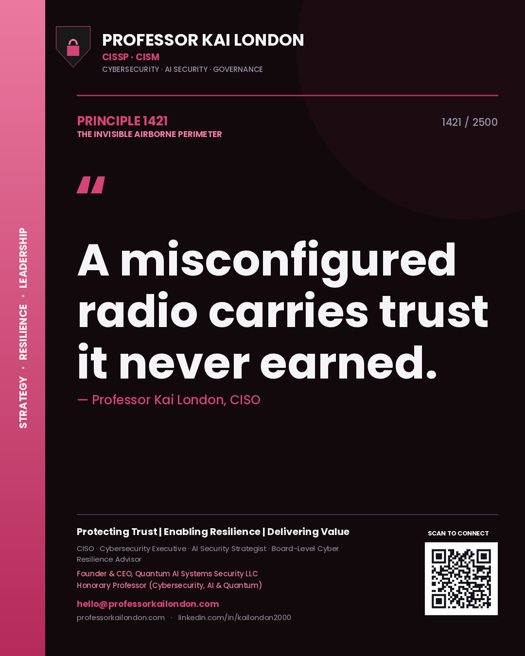 Professor Kai London principle 1421: A misconfigured radio carries trust it never earned.