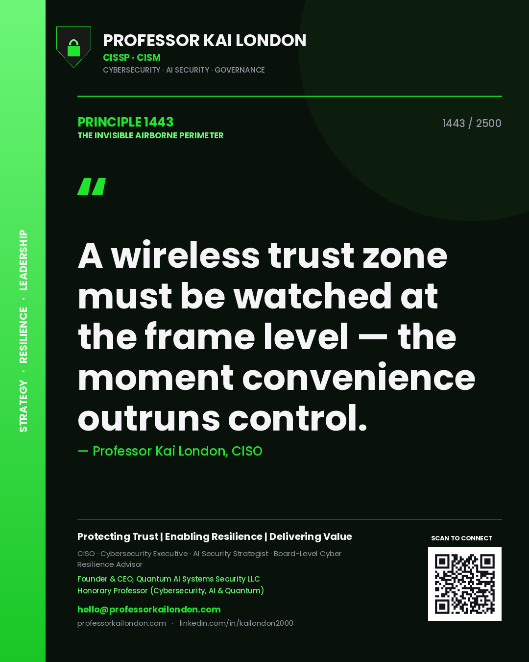 Professor Kai London principle 1443: A wireless trust zone must be watched at the frame level — the moment convenience outruns control.