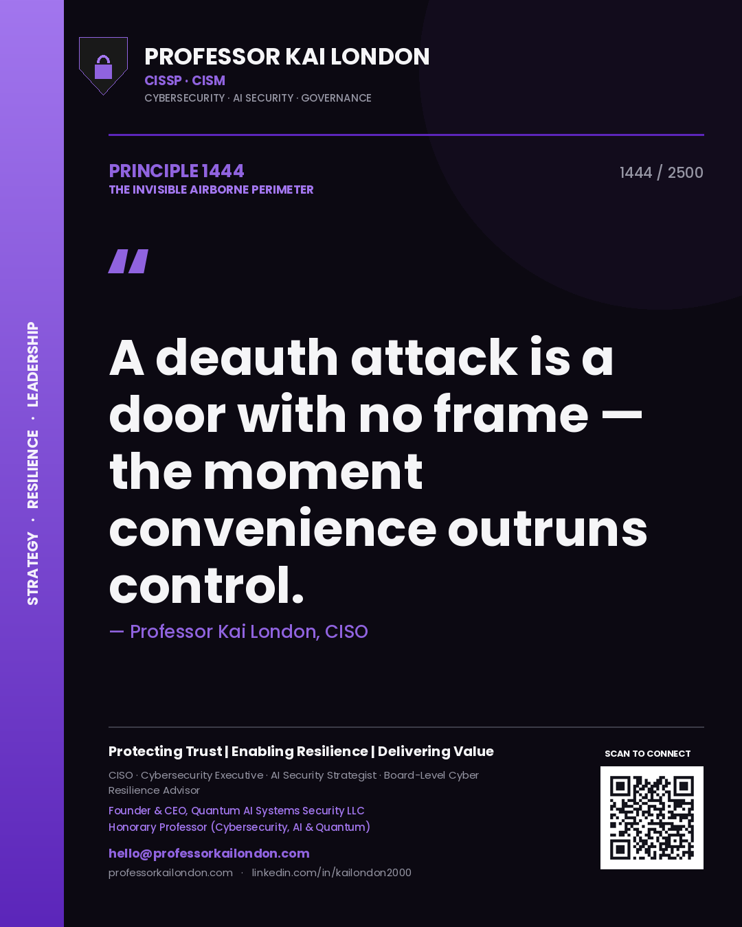 Professor Kai London principle 1444: A deauth attack is a door with no frame — the moment convenience outruns control.