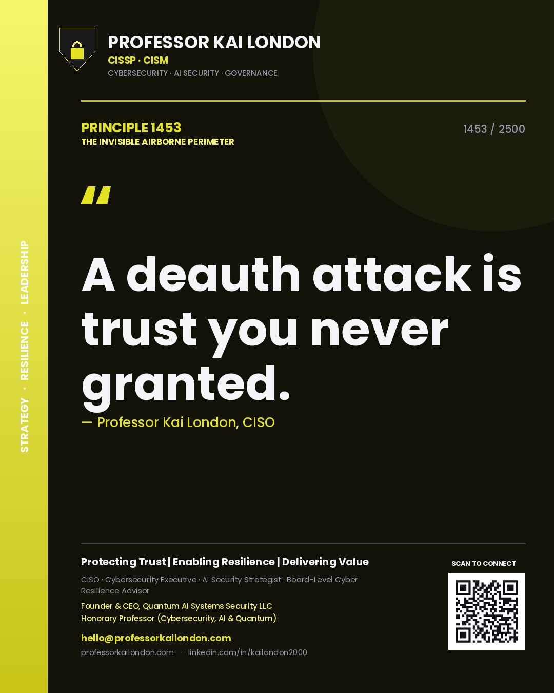 Quote card by Professor Kai London reading 'A deauth attack is trust you never granted.'. From the book The Invisible Airborne Perimeter.
