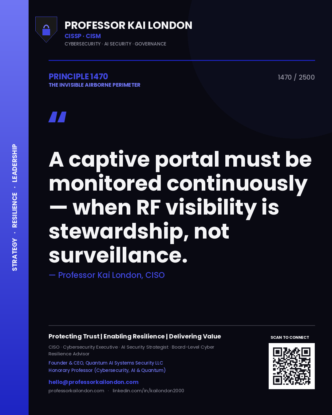 Quote card by Professor Kai London reading 'A captive portal must be monitored continuously — when RF visibility is stewardship, not surveillance.'. From the book The Invisible Airborne Perimeter.
