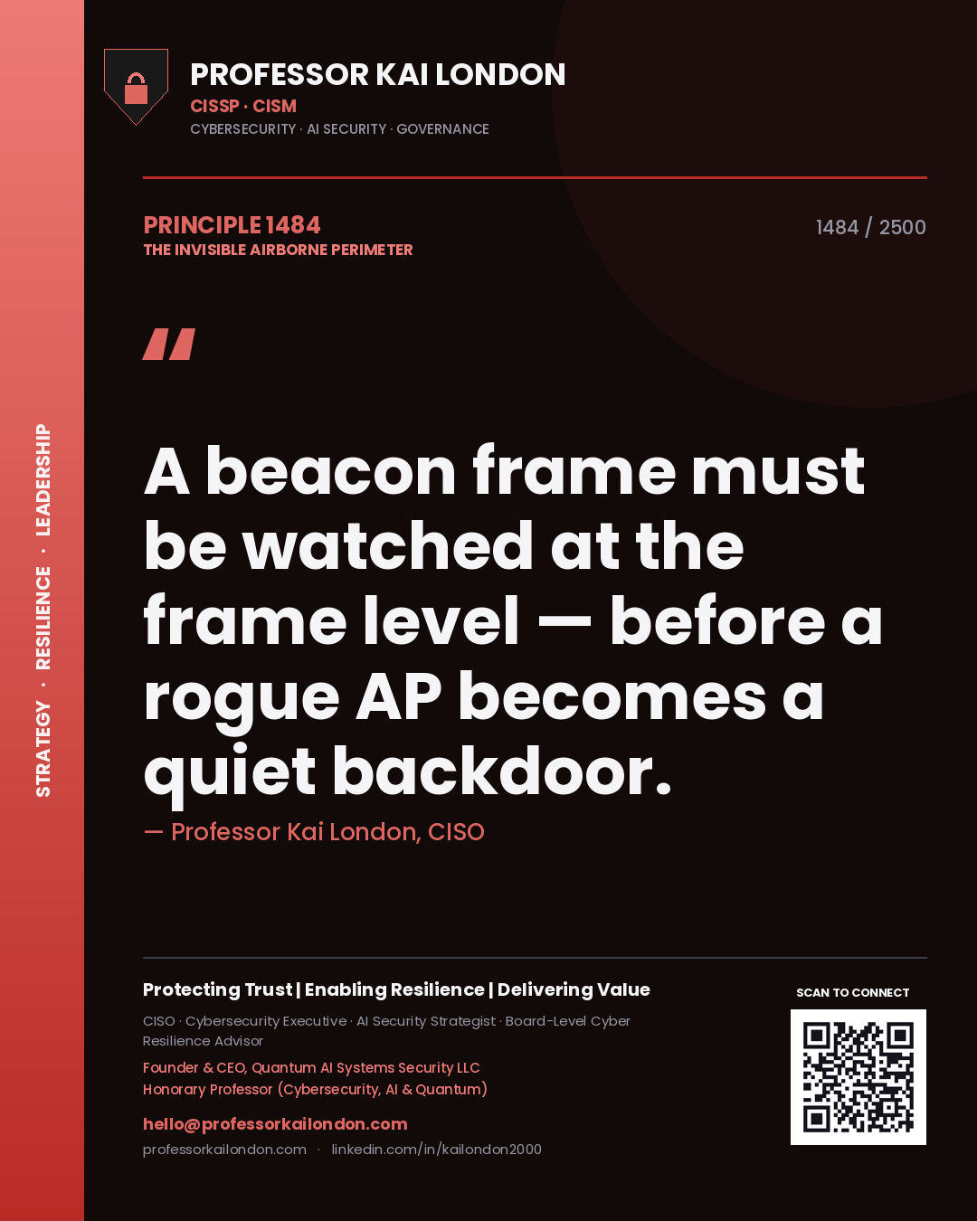 Quote card by Professor Kai London reading 'A beacon frame must be watched at the frame level — before a rogue AP becomes a quiet backdoor.'. From the book The Invisible Airborne Perimeter.