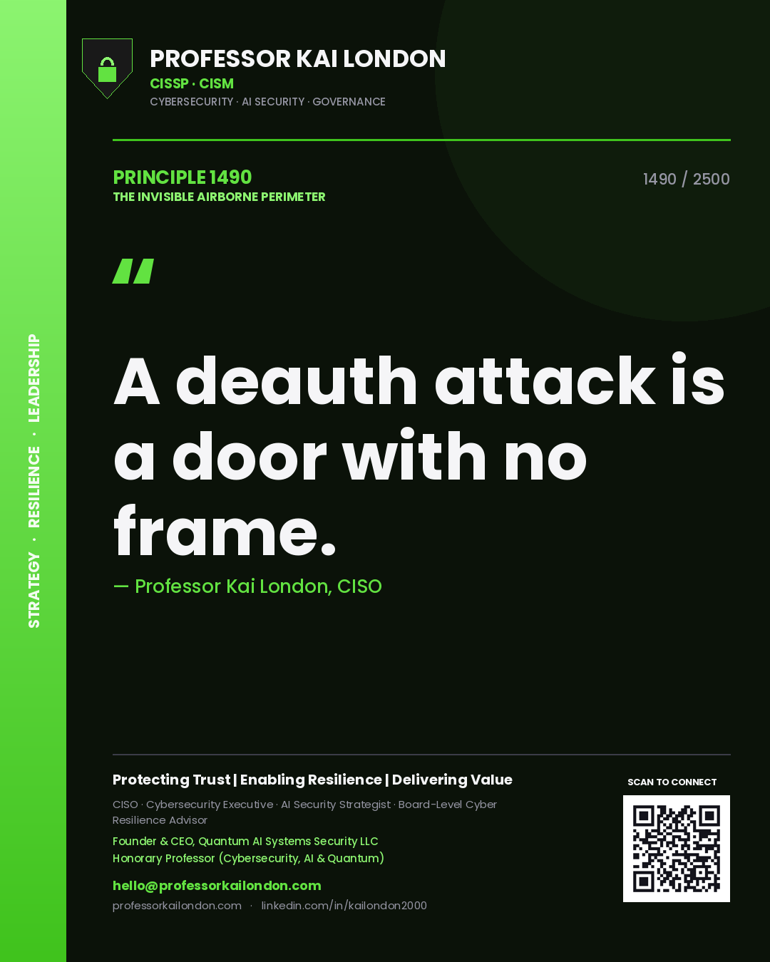 Quote card by Professor Kai London reading 'A deauth attack is a door with no frame.'. From the book The Invisible Airborne Perimeter.