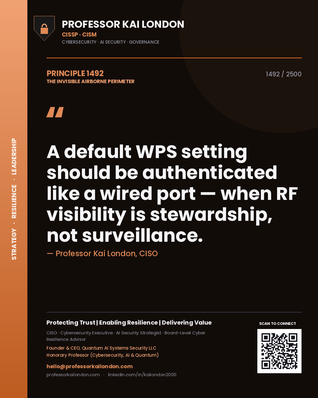 Quote card by Professor Kai London reading 'A default WPS setting should be authenticated like a wired port — when RF visibility is stewardship, not surveillance.'. From the book The Invisible Airborne Perimeter.