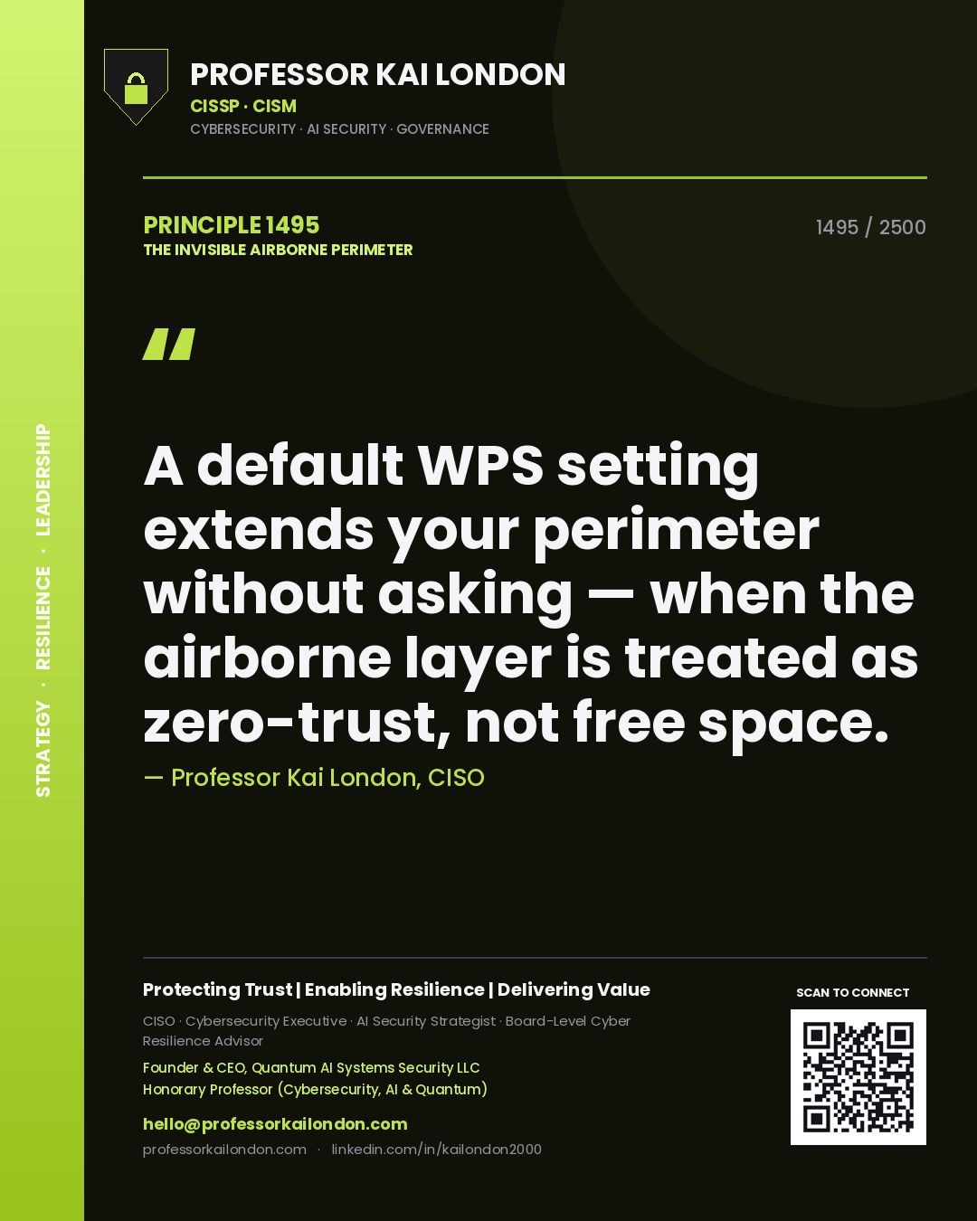 Professor Kai London principle 1495: A default WPS setting extends your perimeter without asking — when the airborne layer is treated as zero-trust, not free space.
