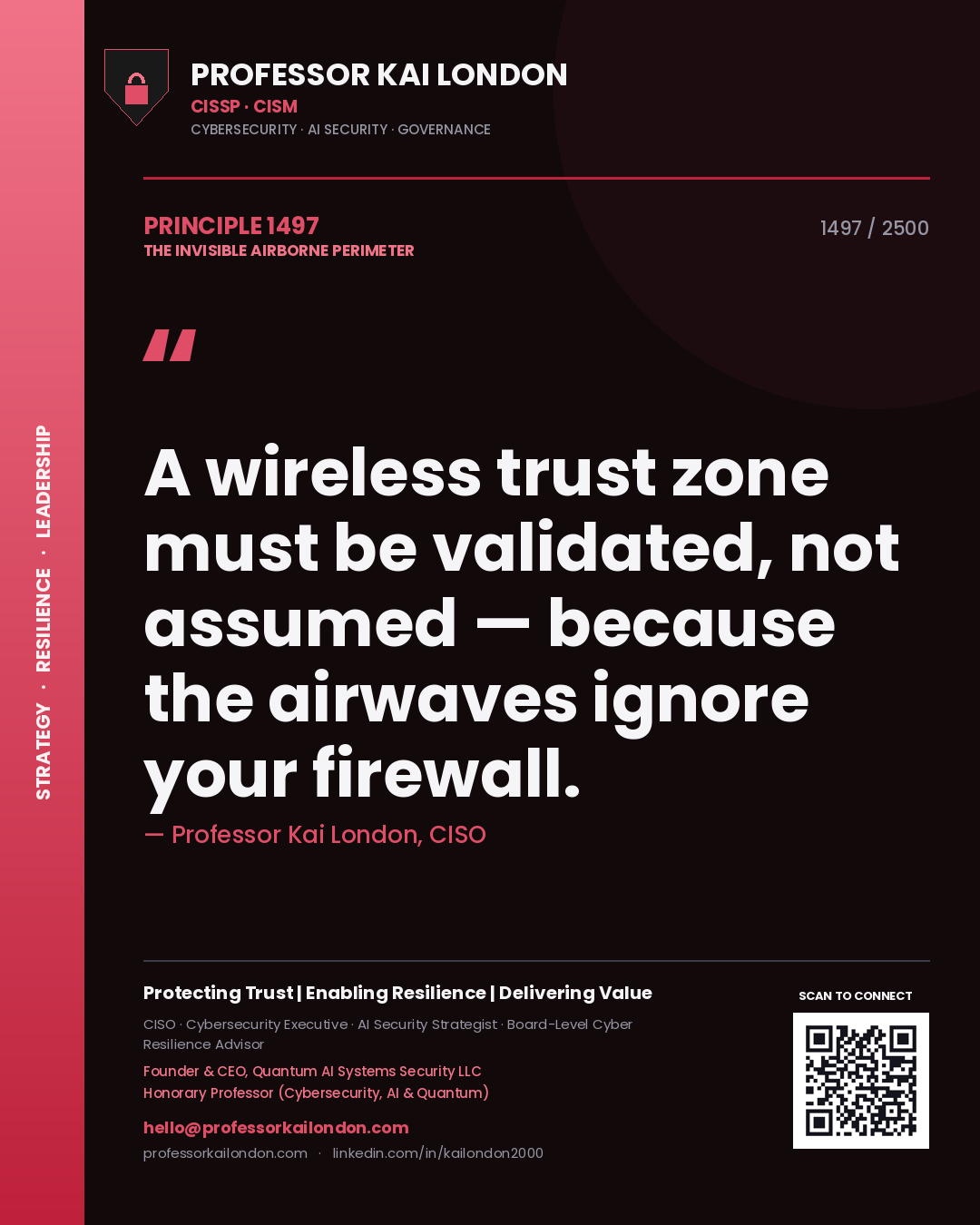 Quote card by Professor Kai London reading 'A wireless trust zone must be validated, not assumed — because the airwaves ignore your firewall.'. From the book The Invisible Airborne Perimeter.