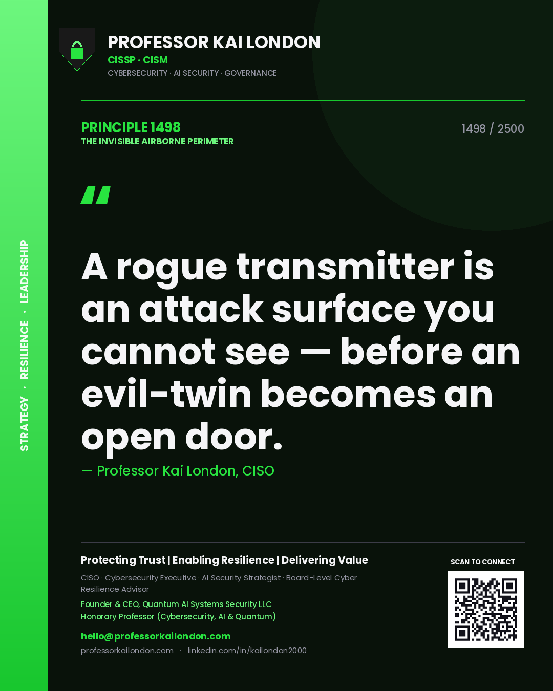Quote card by Professor Kai London reading 'A rogue transmitter is an attack surface you cannot see — before an evil-twin becomes an open door.'. From the book The Invisible Airborne Perimeter.