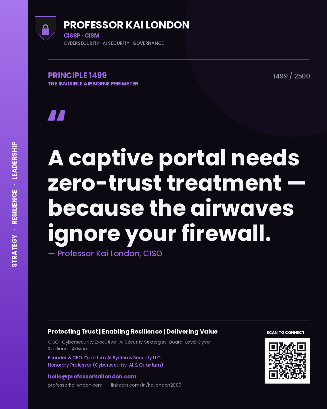 Quote card by Professor Kai London reading 'A captive portal needs zero-trust treatment — because the airwaves ignore your firewall.'. From the book The Invisible Airborne Perimeter.