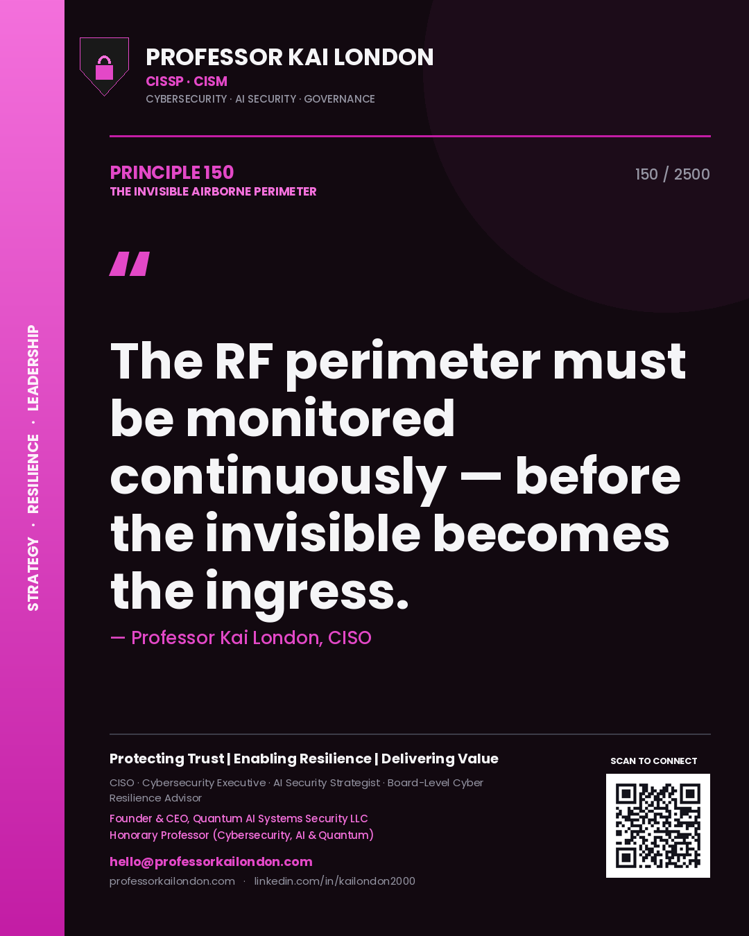 Professor Kai London principle 150: The RF perimeter must be monitored continuously — before the invisible becomes the ingress.