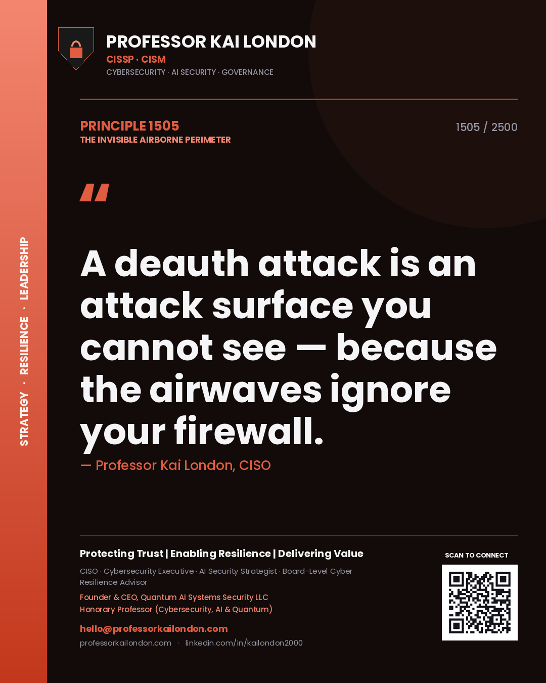 Professor Kai London principle 1505: A deauth attack is an attack surface you cannot see — because the airwaves ignore your firewall.