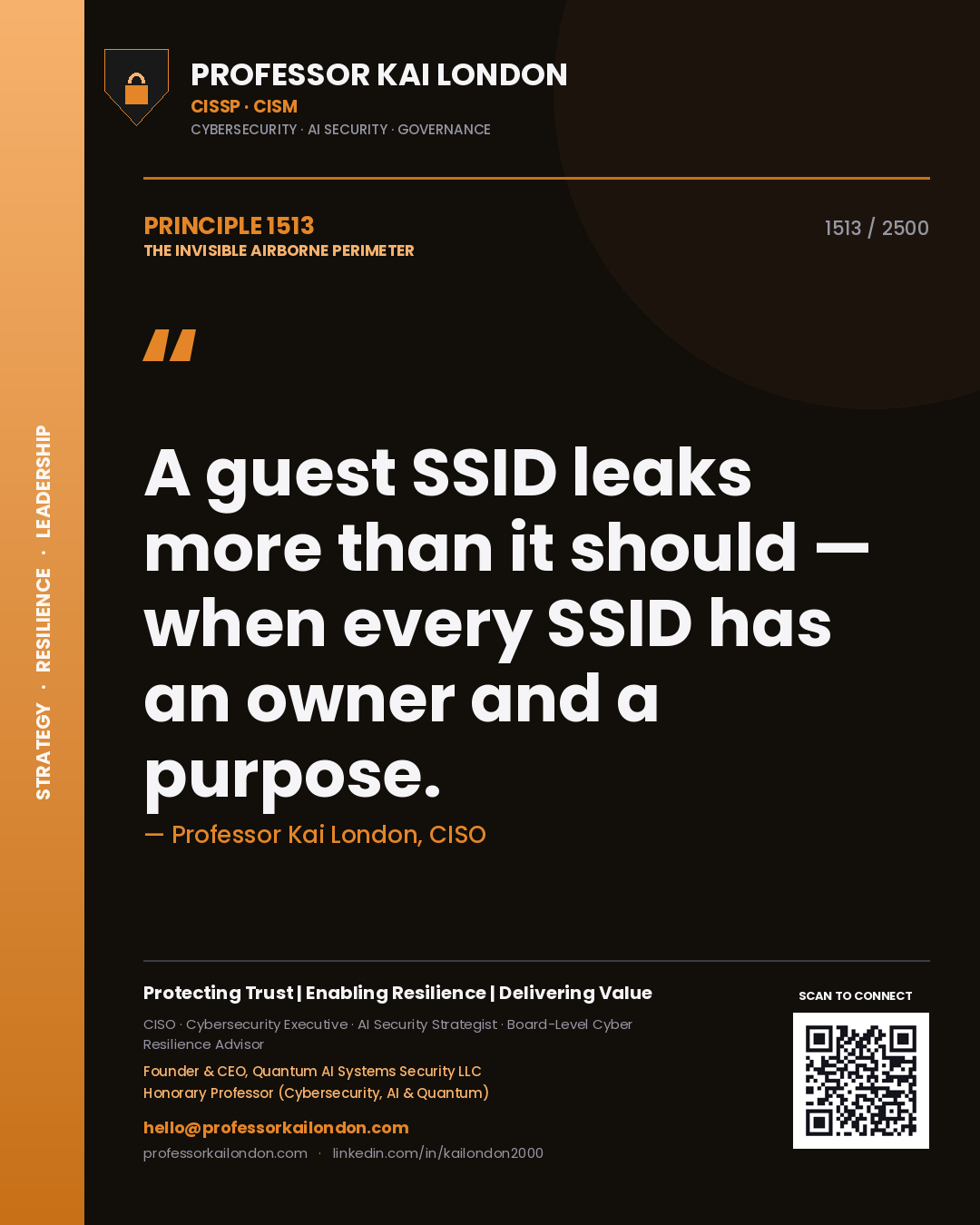 Quote card by Professor Kai London reading 'A guest SSID leaks more than it should — when every SSID has an owner and a purpose.'. From the book The Invisible Airborne Perimeter.