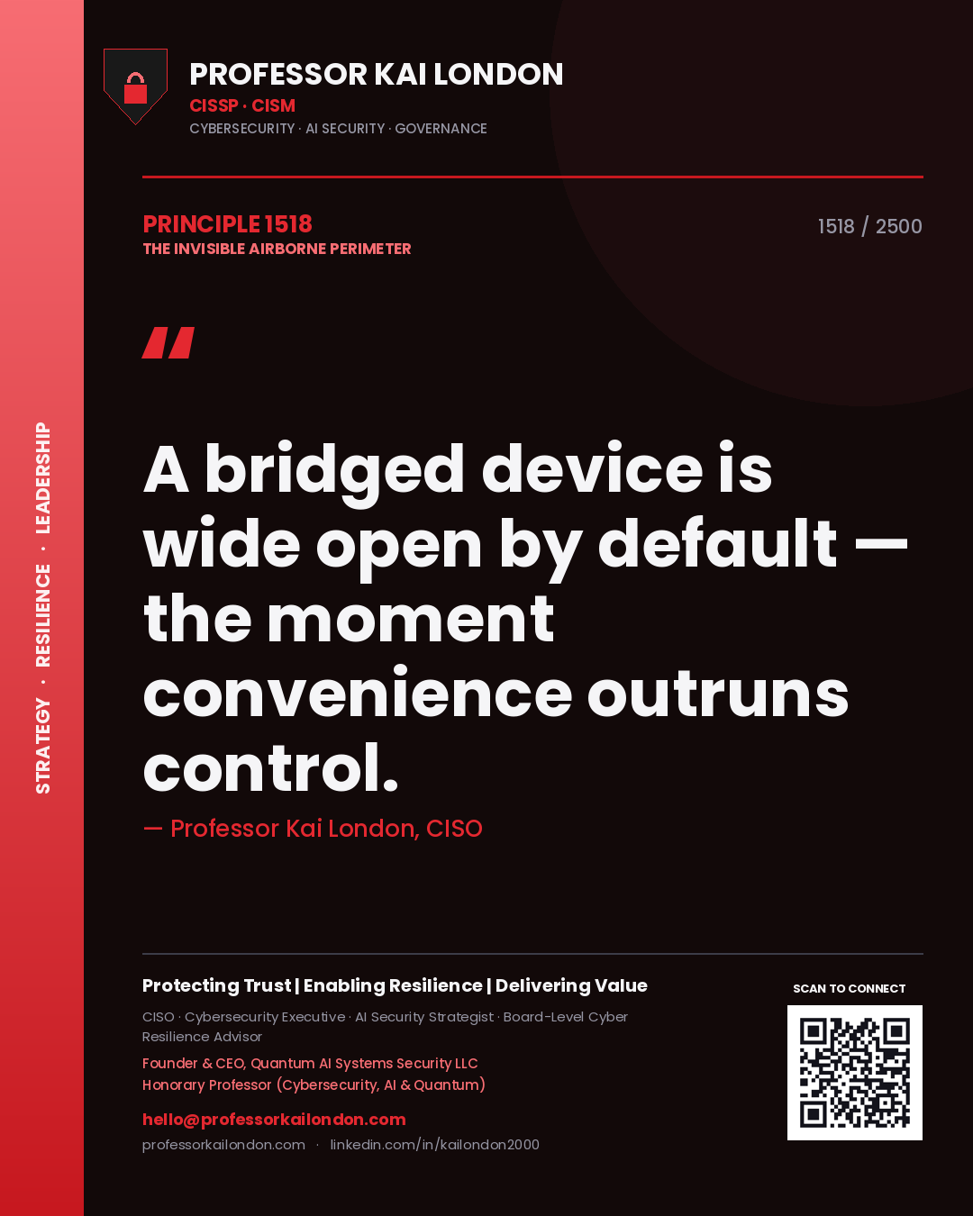 Professor Kai London principle 1518: A bridged device is wide open by default — the moment convenience outruns control.