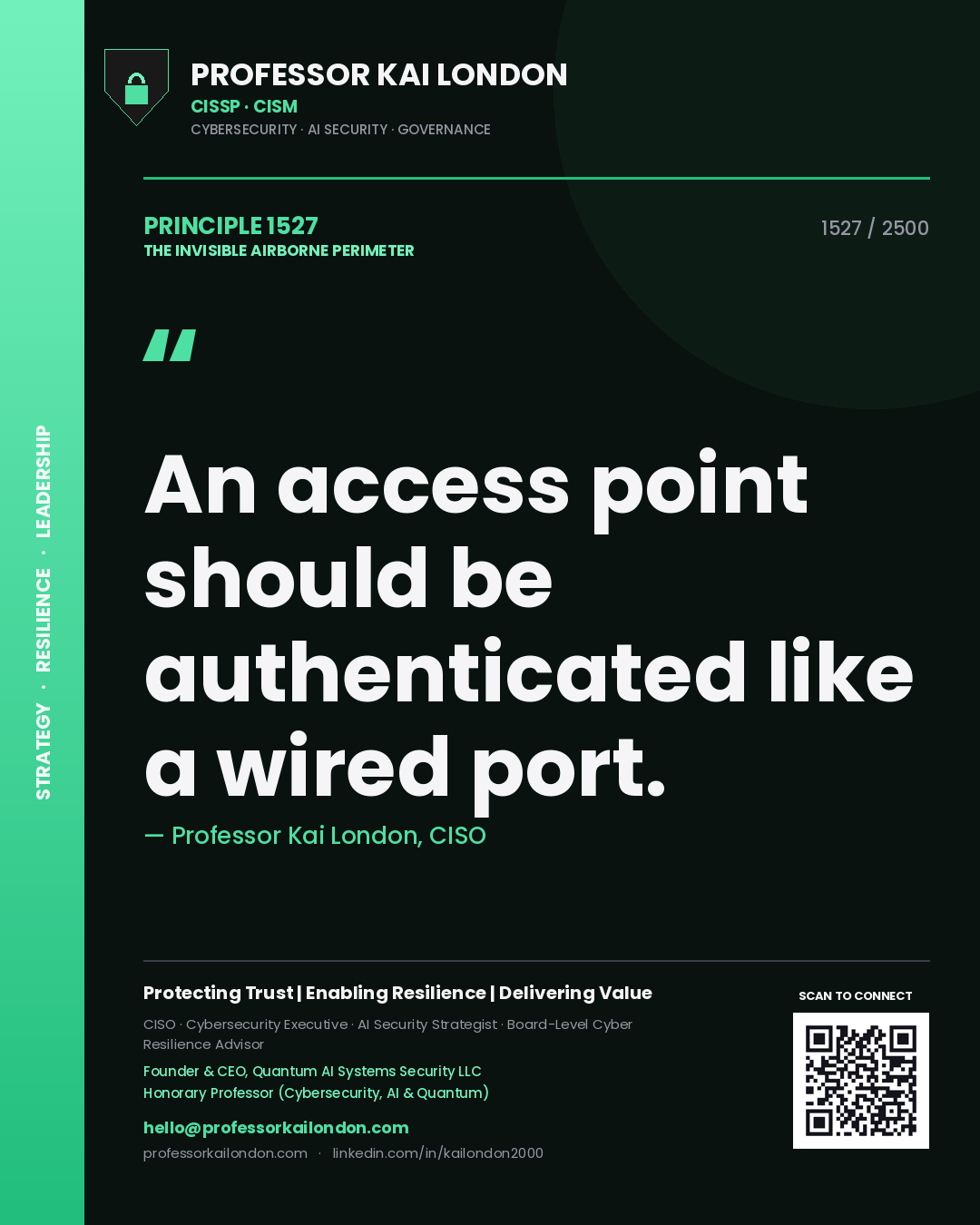Quote card by Professor Kai London reading 'An access point should be authenticated like a wired port.'. From the book The Invisible Airborne Perimeter.