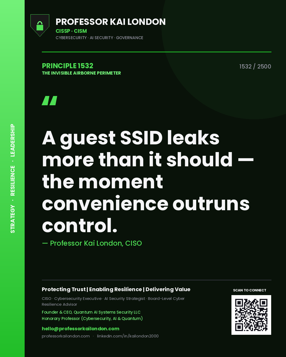 Quote card by Professor Kai London reading 'A guest SSID leaks more than it should — the moment convenience outruns control.'. From the book The Invisible Airborne Perimeter.